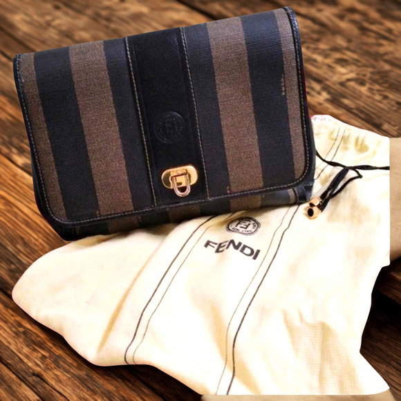 Fendi Purse PEQUIN BAG Striped Leather Gold Modern Pockets Organizer VNTG - Picture 1 of 16